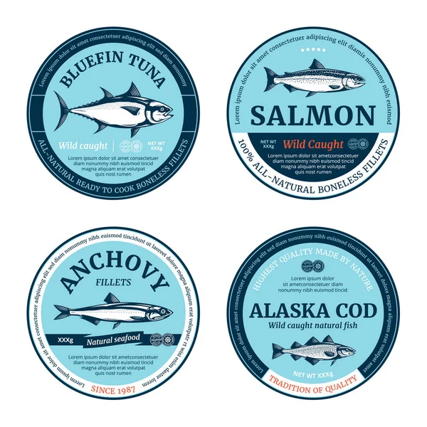 Okrągłe Etykiety Ryb Wektorowych Ilustracje Dotyczące Łososia Tuńczyka Sardeli Dorsza — Wektor stockowy
