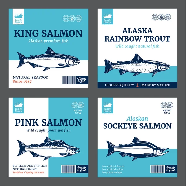 Vector Salmon Labels Rainbow Trout Sockeye Chinook Pink Salmon Fish — Stock Vector