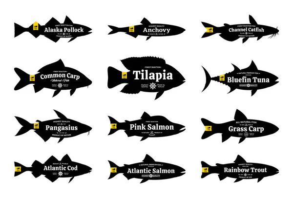 Set Vector Fish Labels Isolated White Background Fish Silhouettes Collection — Stock Vector