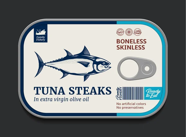 Etikett Mall För Konserverad Tonfisk Vektor Fisk Burk Med Etikett — Stock vektor