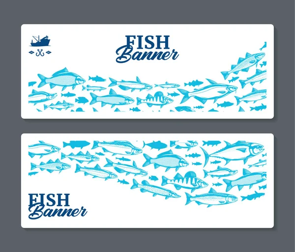 Fisch Horizontal Banner Oder Flyer Konzept Mit Fisch Illustrationen Und — Stockvektor