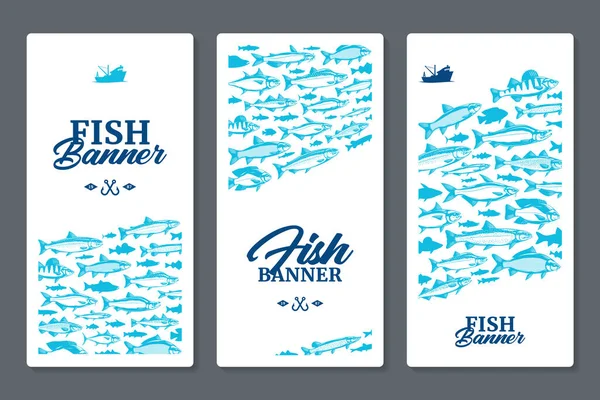 鱼类市场 包装或广告背景下的鱼垂直横幅或带有鱼图片和轮廓的传单概念 — 图库矢量图片