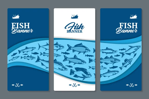 Concepto Diseño Banner Vertical Volante Pescado Con Ilustraciones Peces Siluetas — Vector de stock