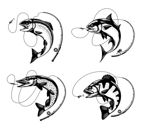 Εικονογράφηση Vector Αλιείας Άλματα Ψάρια Καλάμι Ψαρέματος Πετονιά Και Αγκίστρι — Διανυσματικό Αρχείο