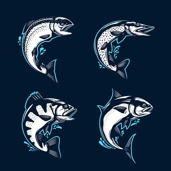 Ilustración Peces Saltadores Vectoriales Con Salpicaduras Agua Aisladas Sobre Fondo — Vector de stock