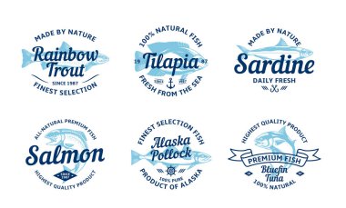 Market, balıkçılık, ambalaj ve reklamcılık için vektör balık vintage logosu ve balık çizimleri