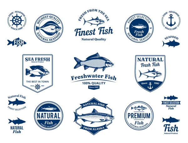 Logo Etichette Icone Illustrazioni Dei Pesci Vettori — Vettoriale Stock