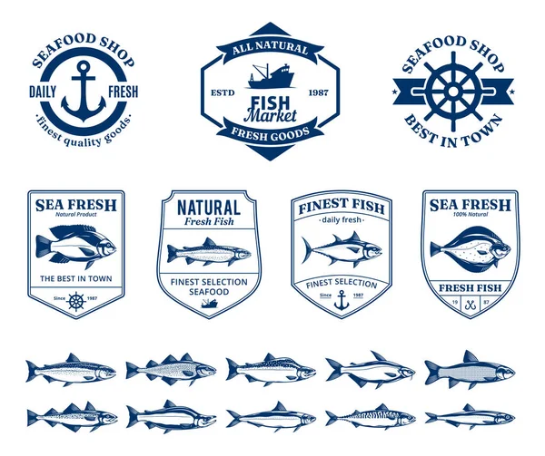 Elementy Konstrukcyjne Wektorowych Owoców Morza Szablony Etykiet Emblematy Ilustracje Ryb — Wektor stockowy