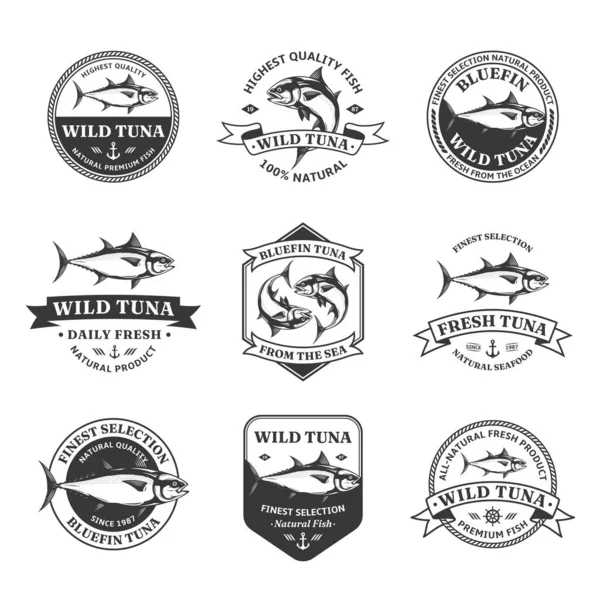 水産物市場 広告のためのベクトルマグロのロゴとマグロの魚のイラスト — ストックベクタ