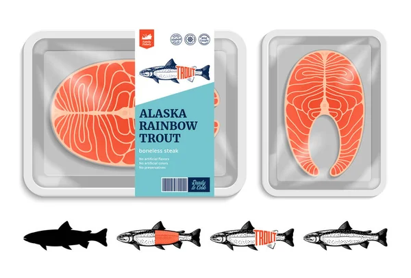 Vektor Regnbåge Förpackning Design Flat Stil Skaldjur Etikett Öring Fisk — Stock vektor