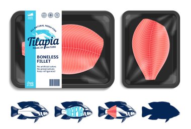 Düz stil deniz ürünleri etiketi ve balık filetosu içeren vektör tilapia ambalajlama. Tilapia balık çizimleri ve yemek tepsisi maketi