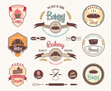 Vintage retro fırın logosu, rozetleri ve etiketleri kümesi
