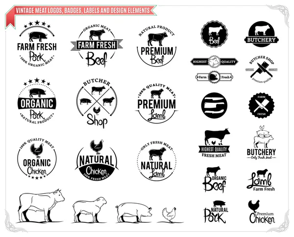 Logotipos de carne vintage, crachás, rótulos e elementos de design — Vetor de Stock