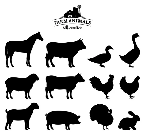 Vector Farm Animals Silhouettes Isolated on White — Stock Vector