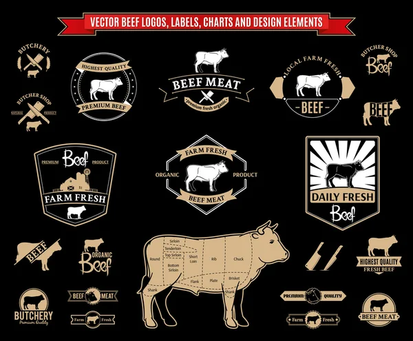 Logos, etiquetas, gráficos y elementos de diseño de Vector Beef — Archivo Imágenes Vectoriales