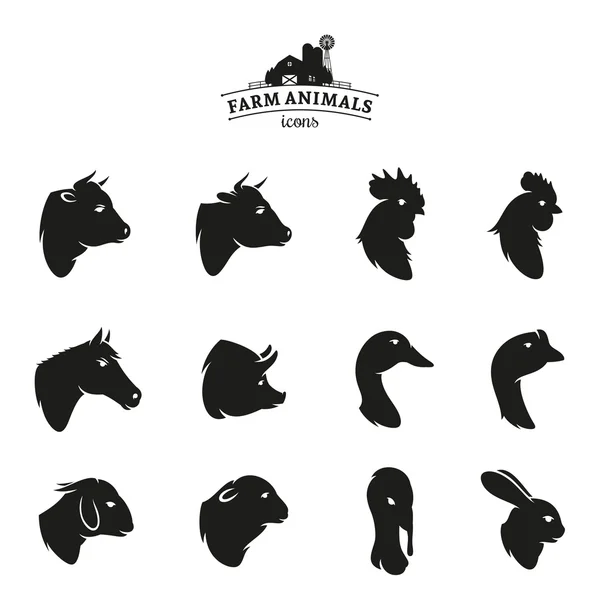 Ícones de animais de fazenda isolados em branco — Vetor de Stock