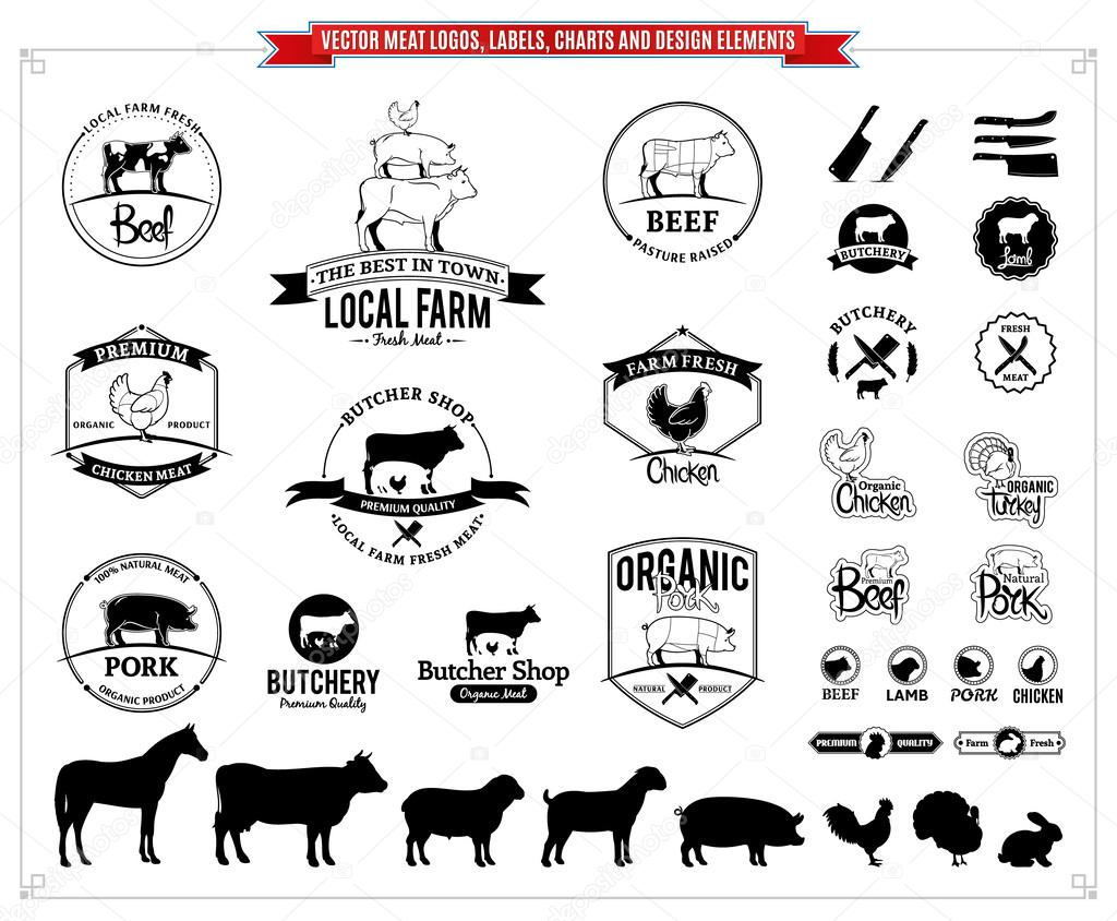 Vector meat logos, labels, charts and design elements