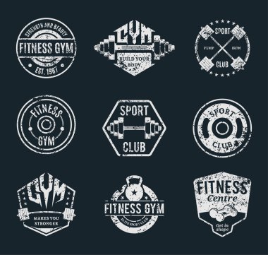 Vektör Grungy spor salonu ve Fitness Logotypes, etiketleri, şablonlar ve atletik rozetleri kümesi