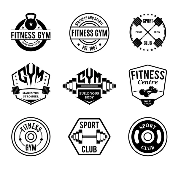 Logotipos, etiquetas e insignias de gimnasia en blanco y negro — Vector de stock