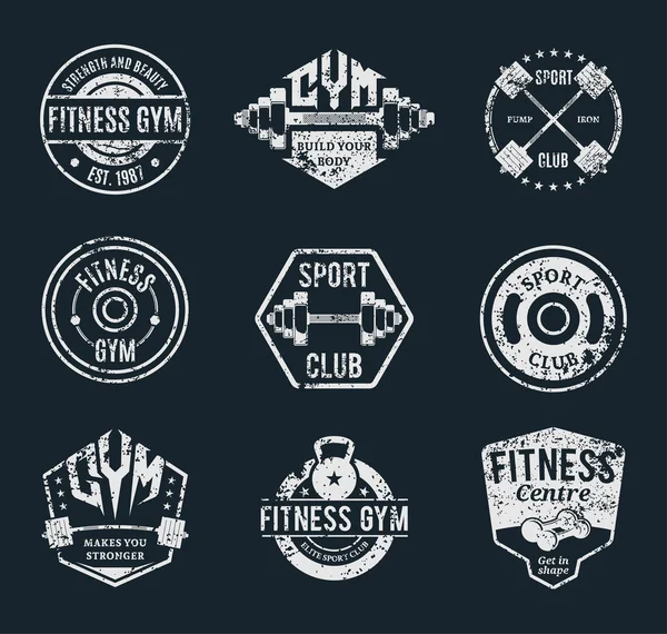 Conjunto de Logotipos de Ginásio e Fitness Grungy Vector, Etiquetas, Modelos e Emblemas Atléticos —  Vetores de Stock