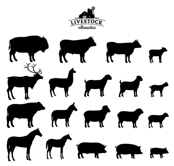 Vector Livestock Silhouettes Isolated on White — Stock Vector