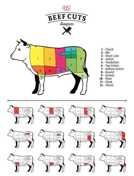 アメリカ (米国) 牛肉カット図 — ストックベクタ