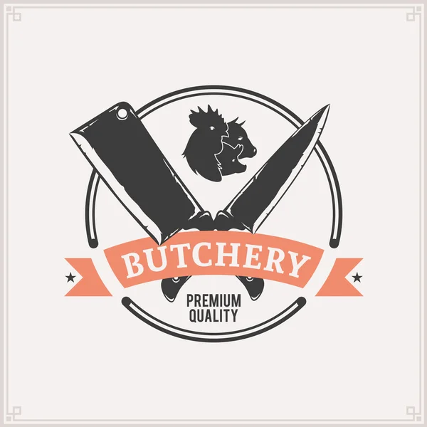 Logo della macelleria, modello di etichetta per carne con icone e coltelli per animali da fattoria — Vettoriale Stock