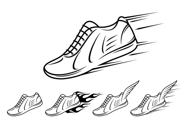 Iconos de zapatillas para correr con velocidad, movimiento y pistas de fuego — Vector de stock