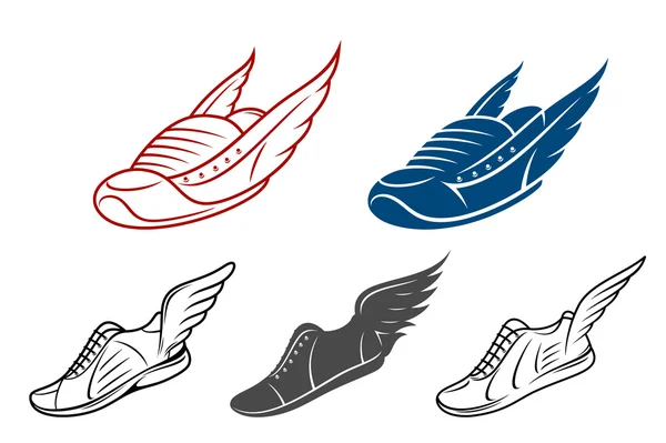 Running winged shoe icons, sneaker or sports shoe with wings — Stock Vector