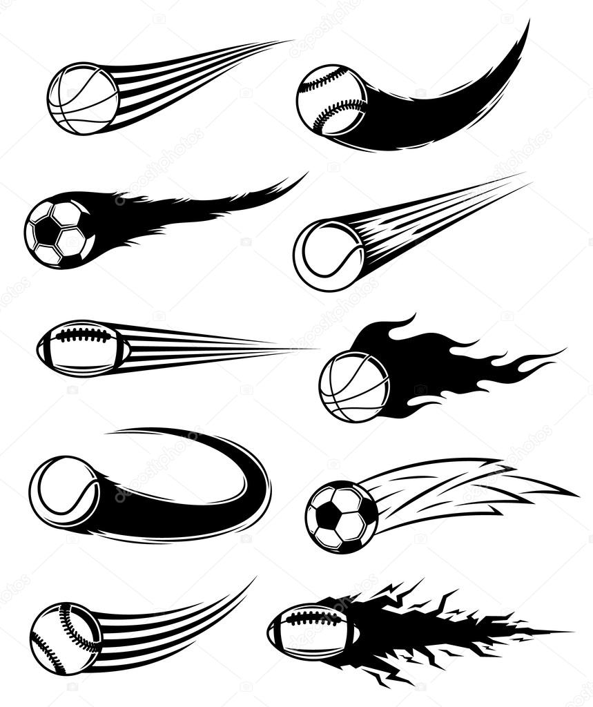 Vector set of various sport balls with motion trails.