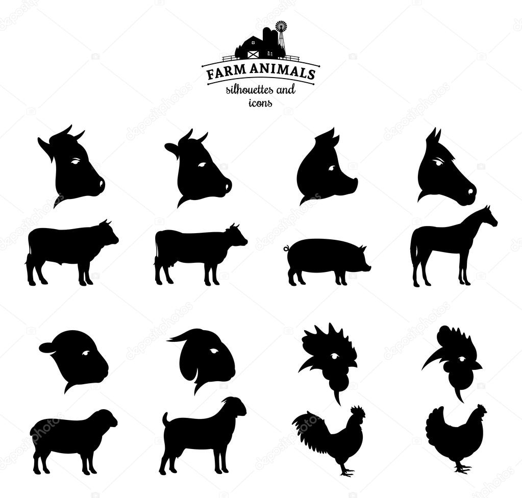 Farm animals icons and silhouettes collection. Lots of farm animal isolated on white for your work.