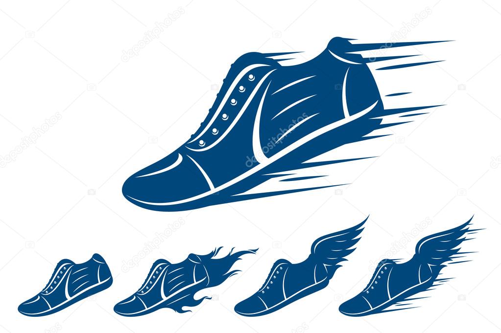 Running shoe icons, sneaker or sports shoe with speed, motion and fire trails isolated on white