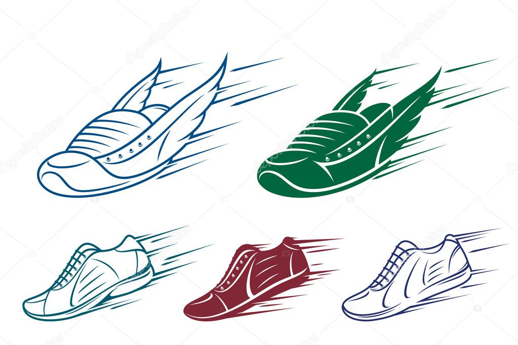 Running shoe icons, sneaker or sports shoe with speed and motion trails