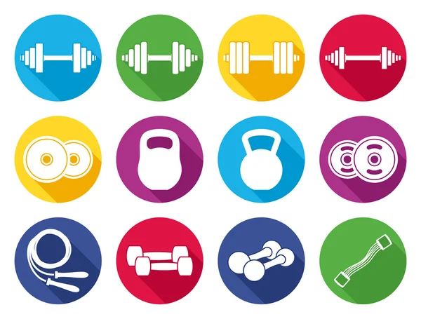 Vector moderno plano Fitness y gimnasia iconos de color — Vector de stock