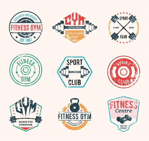Vector Grungy Fitness y Gimnasio Logotipos, Etiquetas Plantillas e Insignias Atléticas — Archivo Imágenes Vectoriales