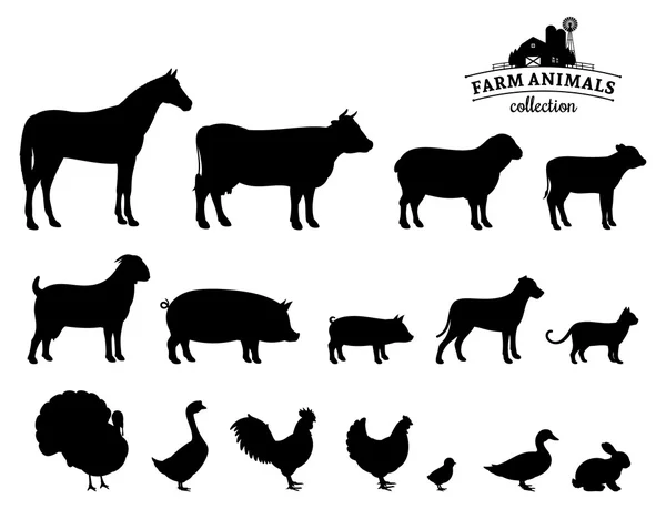 Siluetas de animales de granja vectoriales aisladas en blanco — Vector de stock