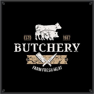 Retro Styled Butcher Shop Logo, Meat Label Template with Farm Animals Silhouettes and Knives clipart