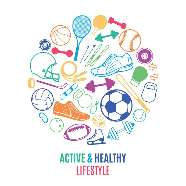 Sportovní vybavení, vzorek zdravého životního stylu, Logo, popis šablony — Stockový vektor
