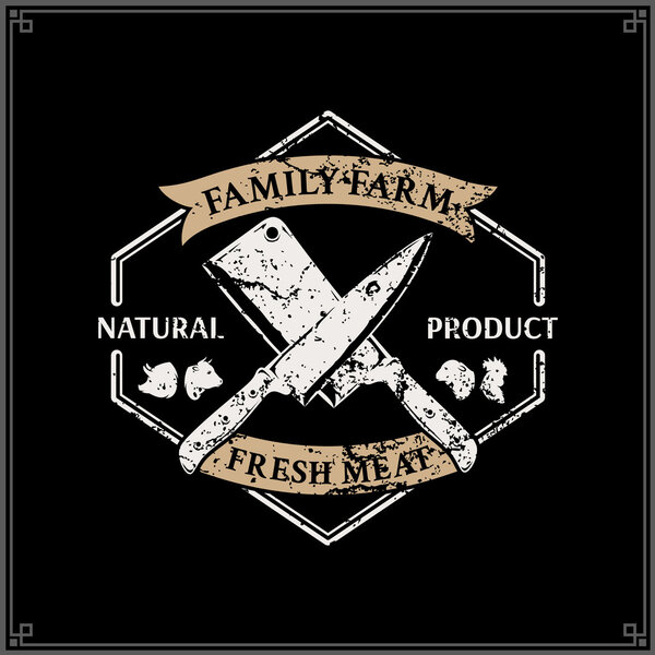 Retro Styled Butcher Shop Logo, Meat Label Template with Farm Animals Icons and Knives