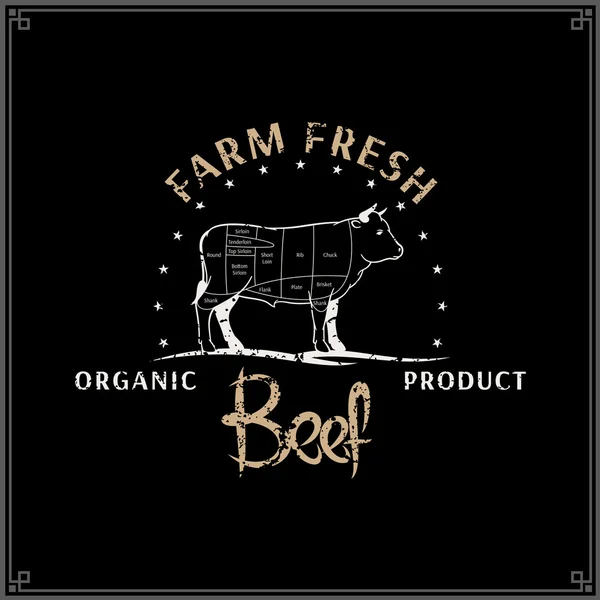 Retro Styled Butcher Shop Label Templat, Beef Cuts Diagram - Stok Vektor