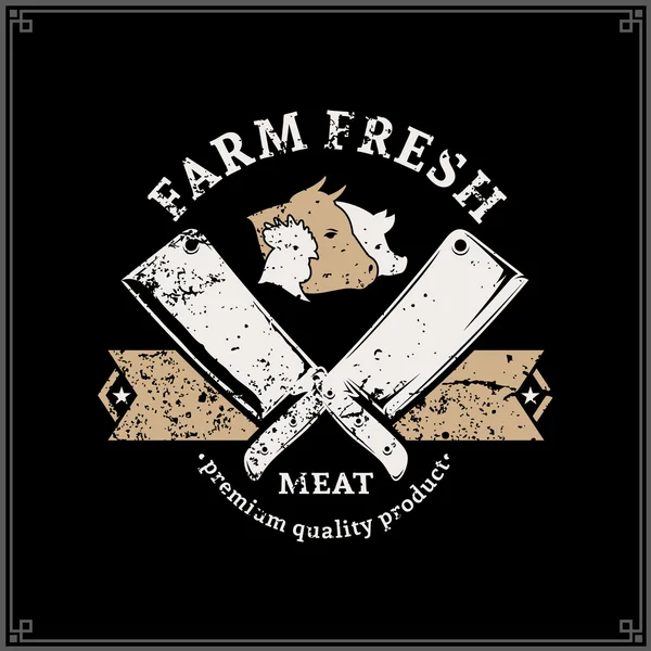 Logotipo de carnificina estilo retro, modelo de etiqueta de carne com ícones e facas de animais de fazenda — Vetor de Stock