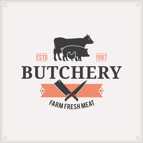 Metzgerei-Logo, Fleisch-Etikettenschablone mit Bauernhof-Silhouetten und Messern — Stockvektor
