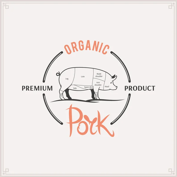 肉屋店ロゴ、肉ラベル ・ テンプレート、豚肉のカット図 — ストックベクタ