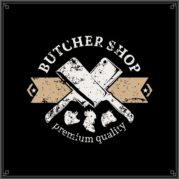 Retro Styled Butcher Shop Logo, Meat Label Template with Farm Animals Icons and Knives — Stock Illustration Retro Styled Butcher Shop Logo, Meat Label Template with Farm Animals Icons and Knives Stock Illustration