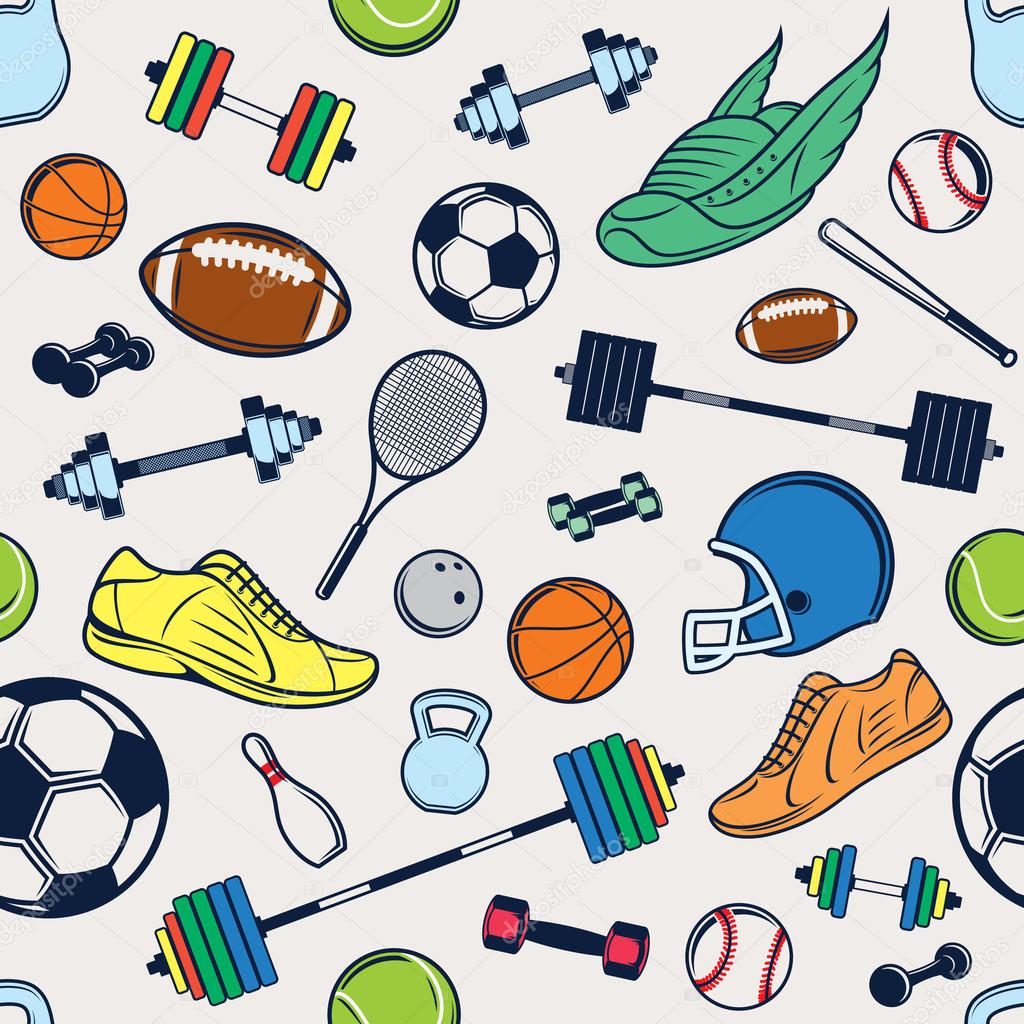 Vector Sport Equipment Color Background, Seamless, Pattern, Icons
