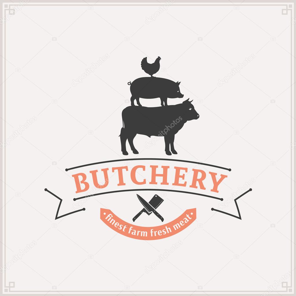 Butcher Shop Logo, Meat Label Template with Farm Animals Silhouettes