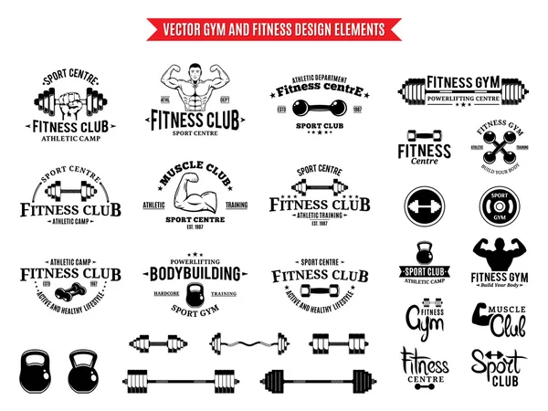 Modelos de logotipo de esporte e fitness, Logotipos de ginástica e elementos de design —  Vetores de Stock
