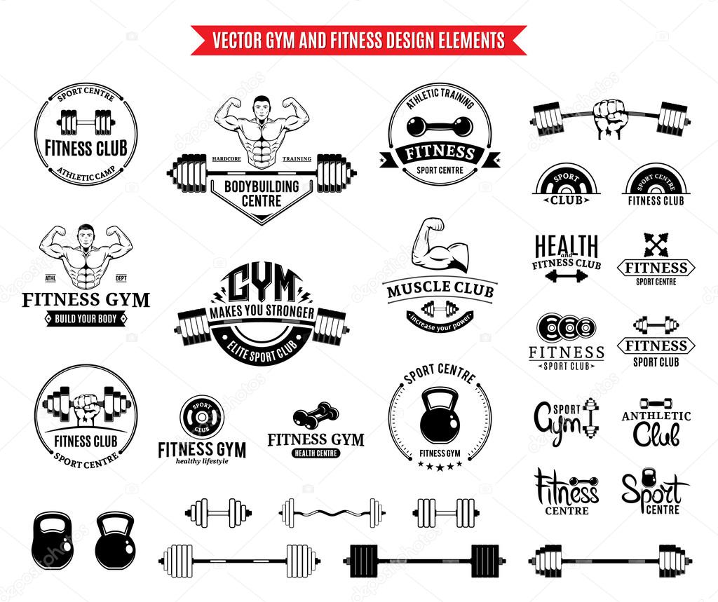 Fitness gym labels templates, badges, fitness equipment icons and design elements