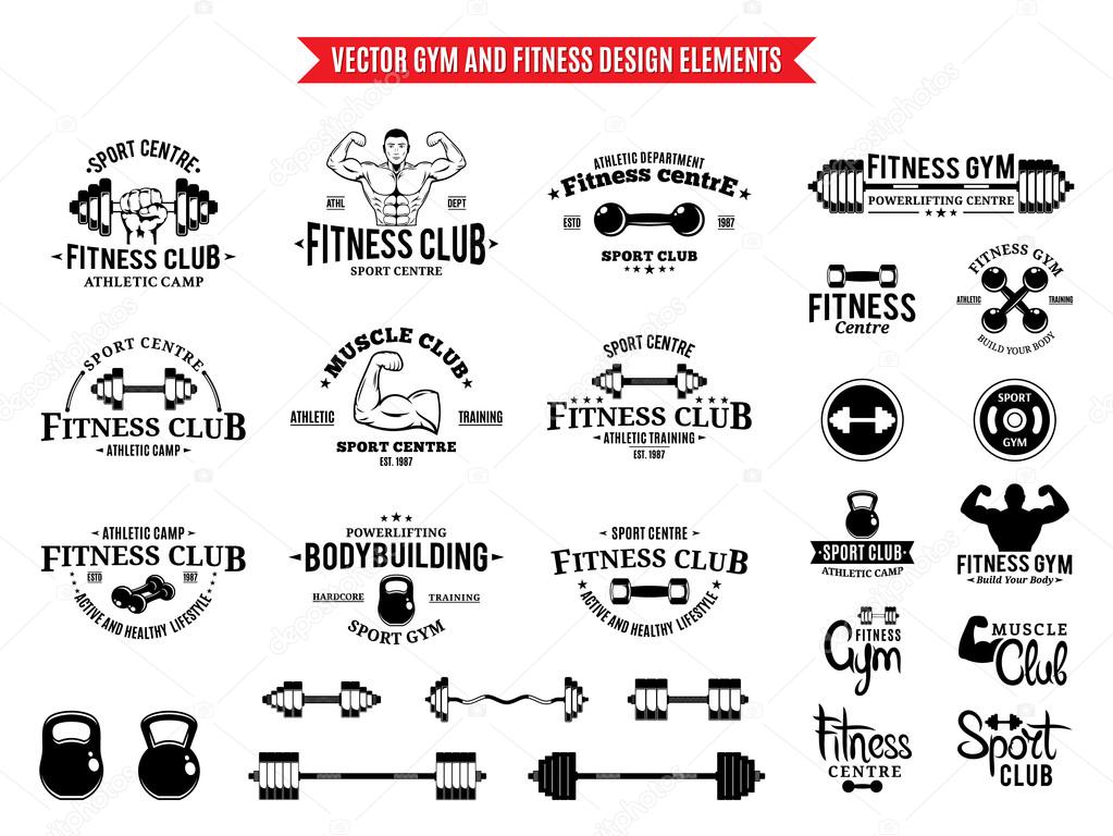 Fitness gym labels templates, badges, fitness equipment icons and design elements