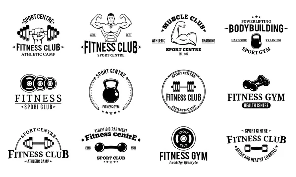 Fitness ginásio rótulos modelos, emblemas, ícones de equipamentos de fitness e elementos de design — Vetor de Stock